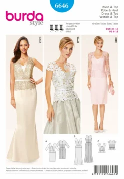 BURDA SCHNITTMUSTER 6646 - ABENDKLEID - SPITZENOBERTEIL MIT V-AUSSCHNITT UND SCHÖSSCHEN